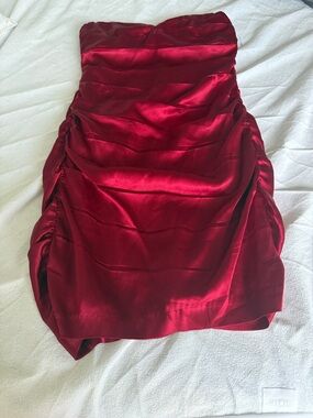 NWT Express Strapless Ruched Satin Dress - Burgundy Red